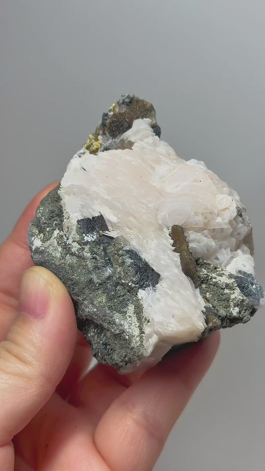 Inner Mongolia Pink Layered Calcite with Druzy Andradite Garnet, Chlorite & Specularite – Rare Chinese Mineral Specimen